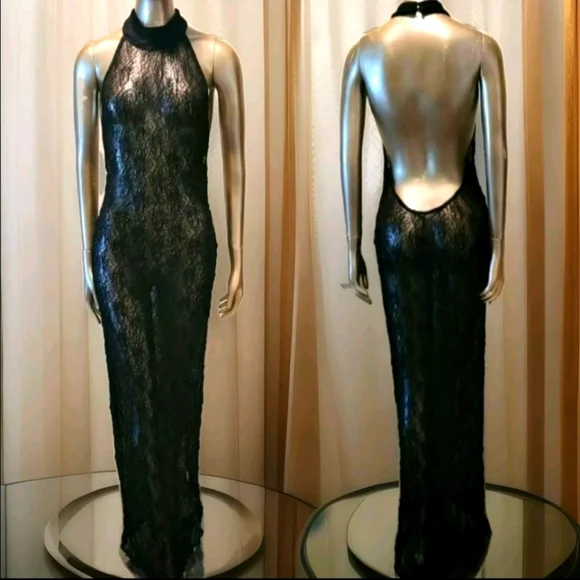NWT Black Sexy Sheer Halter Neck Backless Bodycon Maxi Dress Sz S - Picture 4 of 9